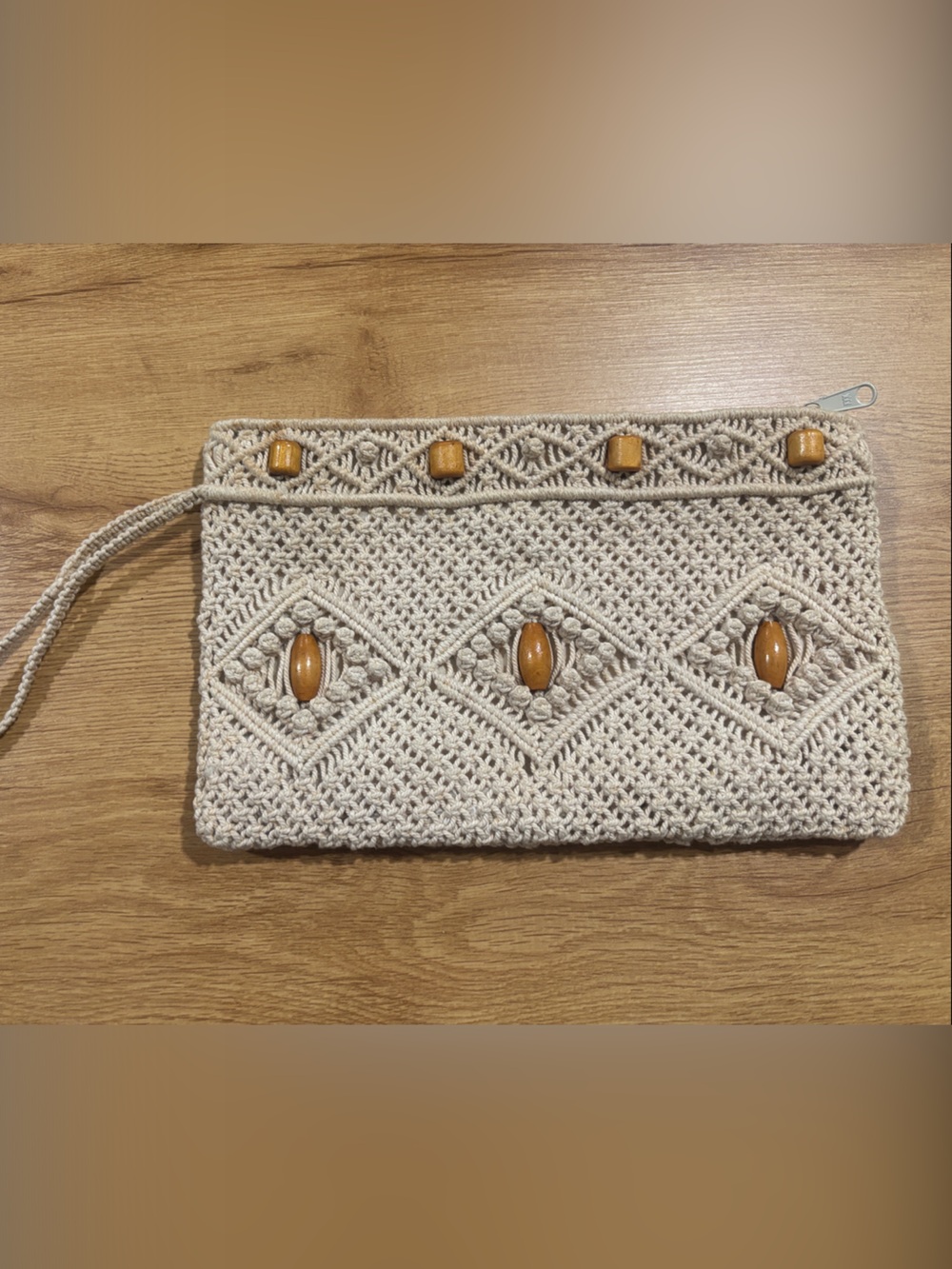 Handcrafted Cream Macramé Wristlet Clutch with Amber Bead Accents